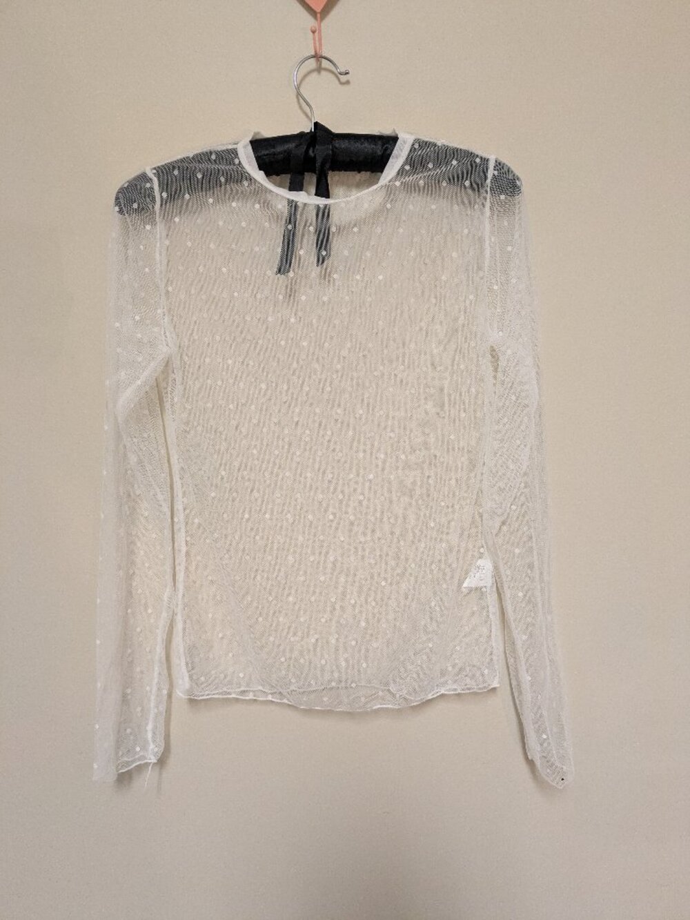 white sheer polka dot long sleeve women's shirt blouse NWOT size large 90% nylon